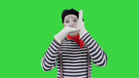 mime performing like he is drowning on a green screen, chroma key