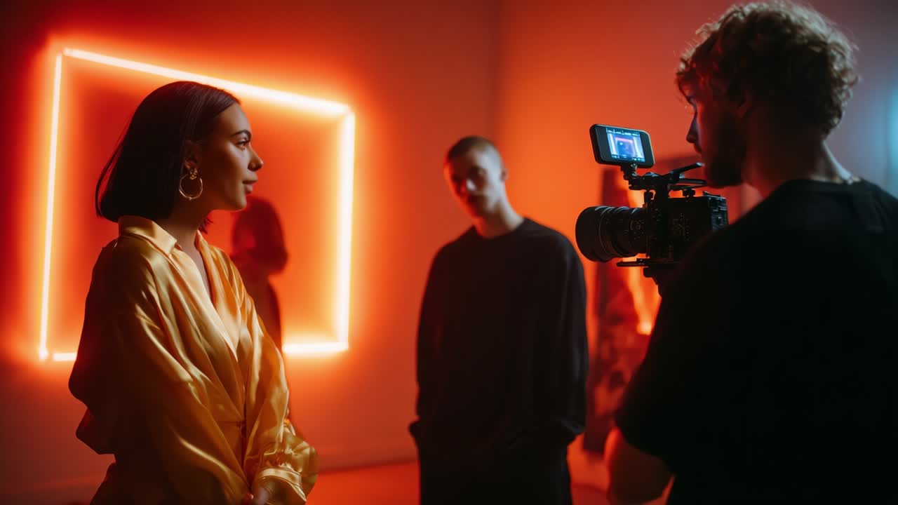 A Behind-the-Scenes Glimpse into a Vibrant Video Shoot Featuring a Stylish Model Illuminated by Eye-Catching Neon Lights, Captured in a Dynamic and Artistic Setting
