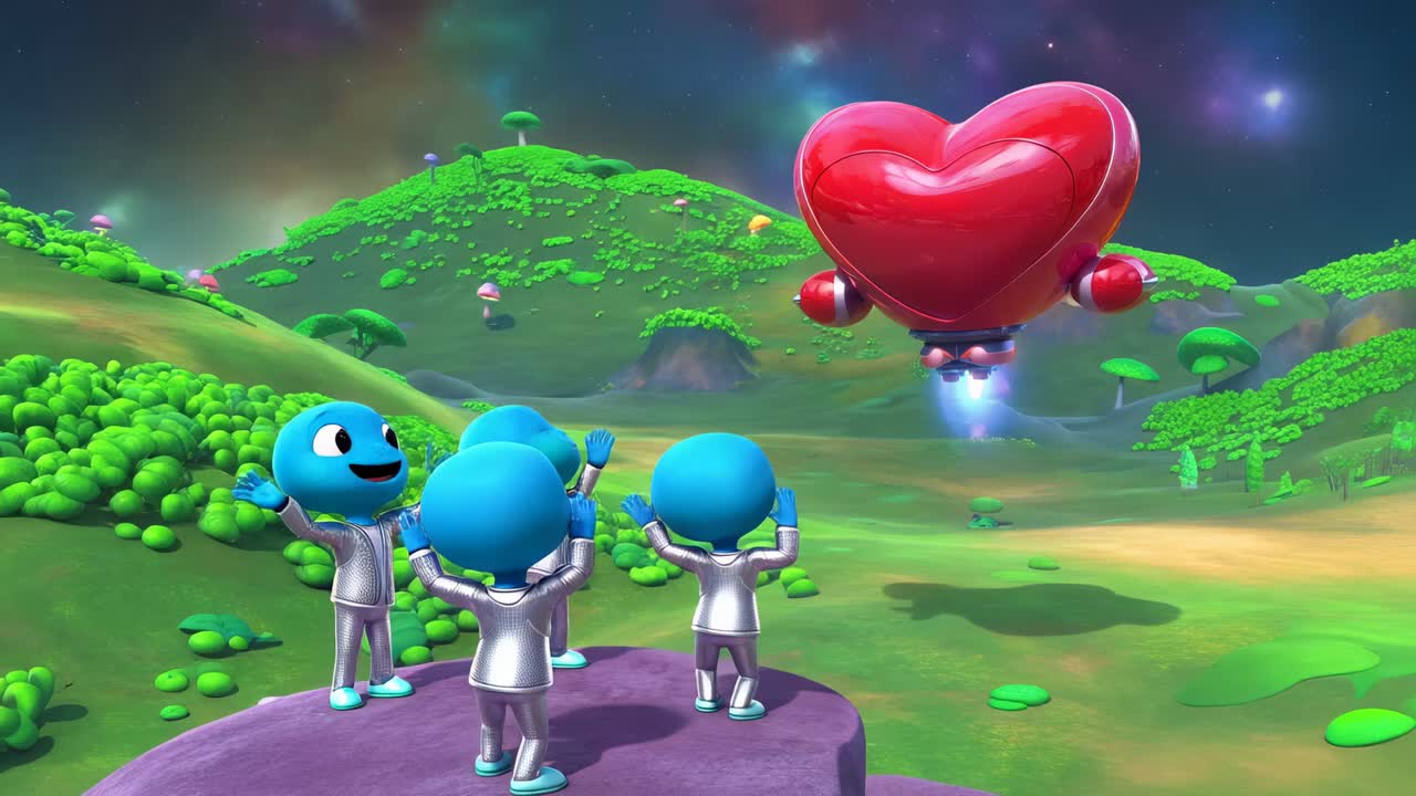 Waving four blue crew silver-clad teal-shod on purple ledge greeting coming heart ship, copy space