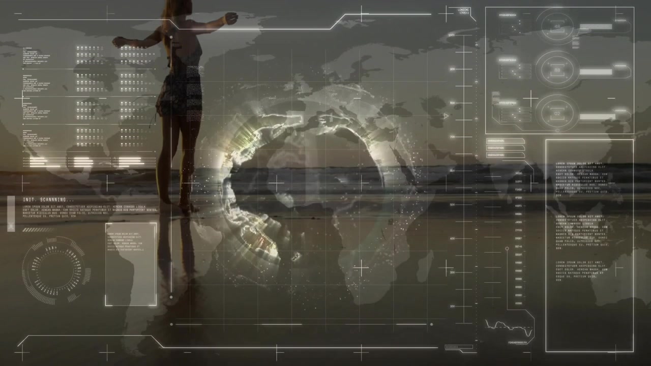 woman reaching center of tidal water and initiating tech hologram globe scanning with data panels
