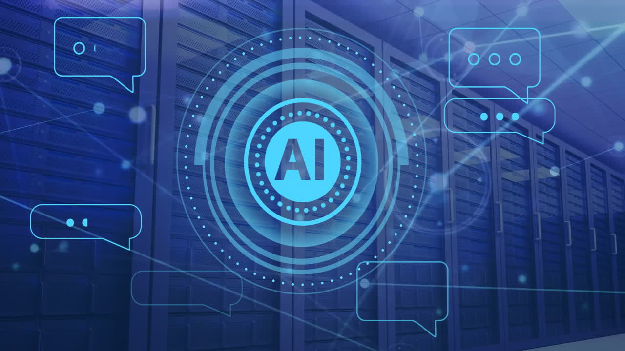 Animation af AI-tekst og databehandling over computerservere