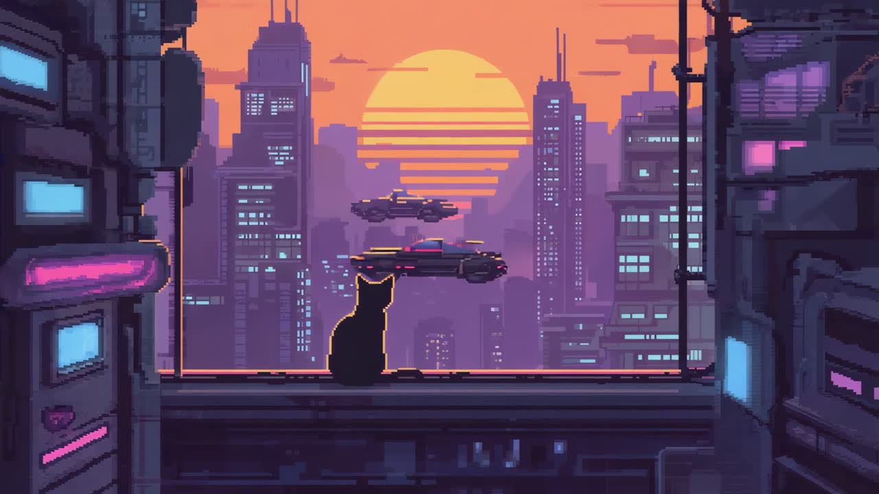 Cyberpunk Cityscape with Cat