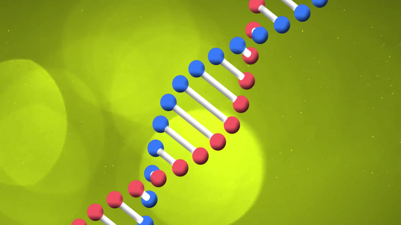 DNA strand animation over green background with red and blue molecules ...