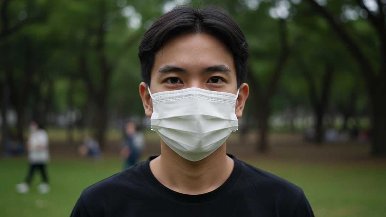 A Young Man in a Park Wearing a Face Mask, Captured in Two Frames, Showcases Emotional Connection Amidst a Relaxed Outdoor Environment