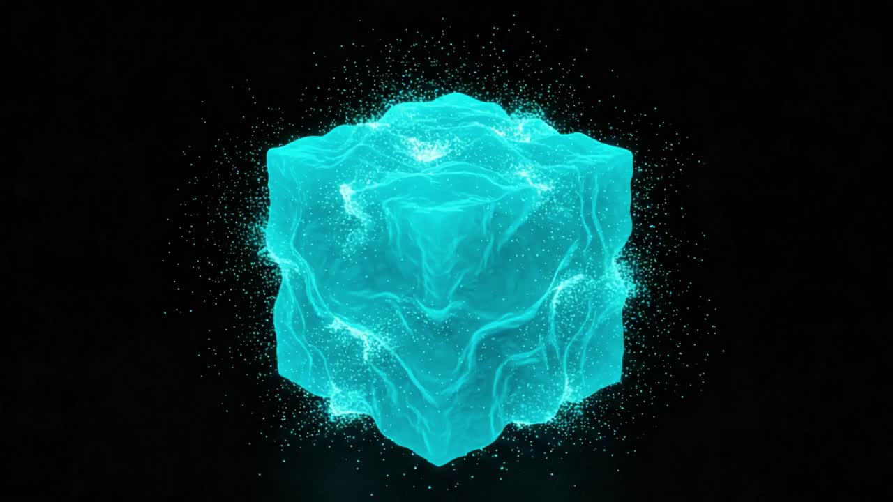 A mesmerizing digital cube radiating a vibrant aqua glow, surrounded by sparkling particles, illustrating the beauty of abstract art and modern design in a captivating visual experience