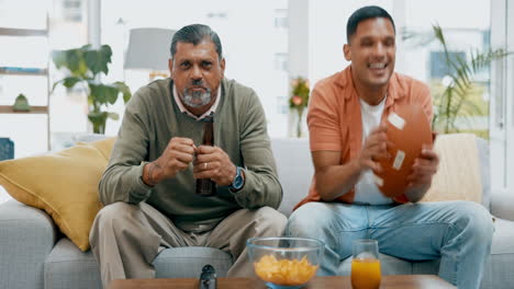 sports, winner and father and son watching tv