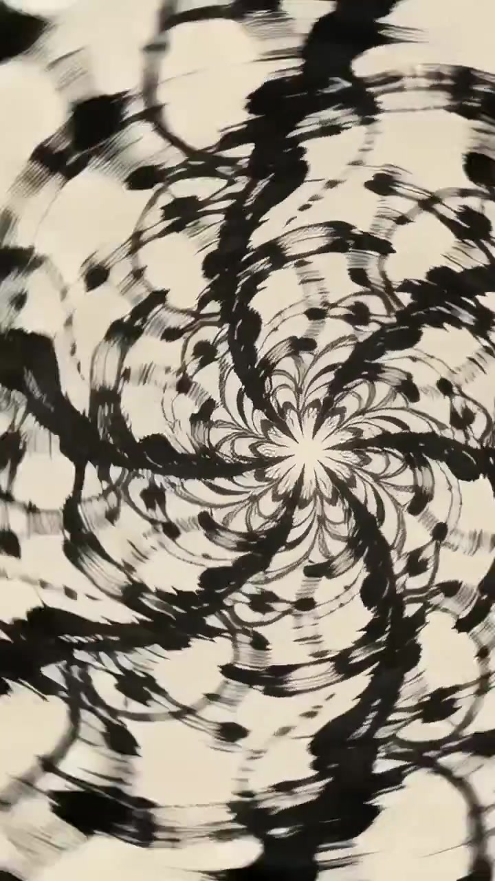 Vertical video: On play black ink strokes spiral rotating, shifting on cream paper, mirrored repeat