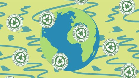 Animation-Von-Recycling-Schildern-über-Der-Erdkugel-Und-Grünem-Und-Blauem-Hintergrund