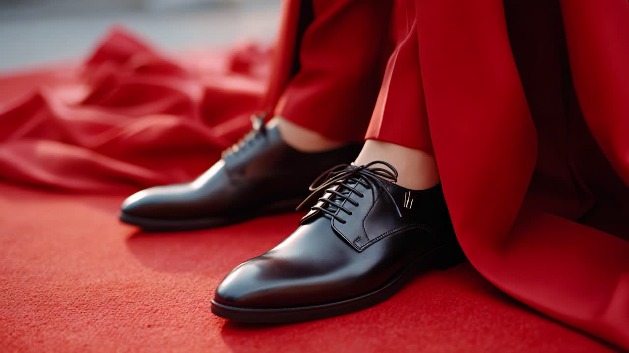 Sepatu Pantofel Hitam Elegan di Atas Karpet Merah, Dilengkapi dengan Kain Merah yang Mengalir, Menangkap Kecanggihan dan Gaya dalam Suasana Glamor