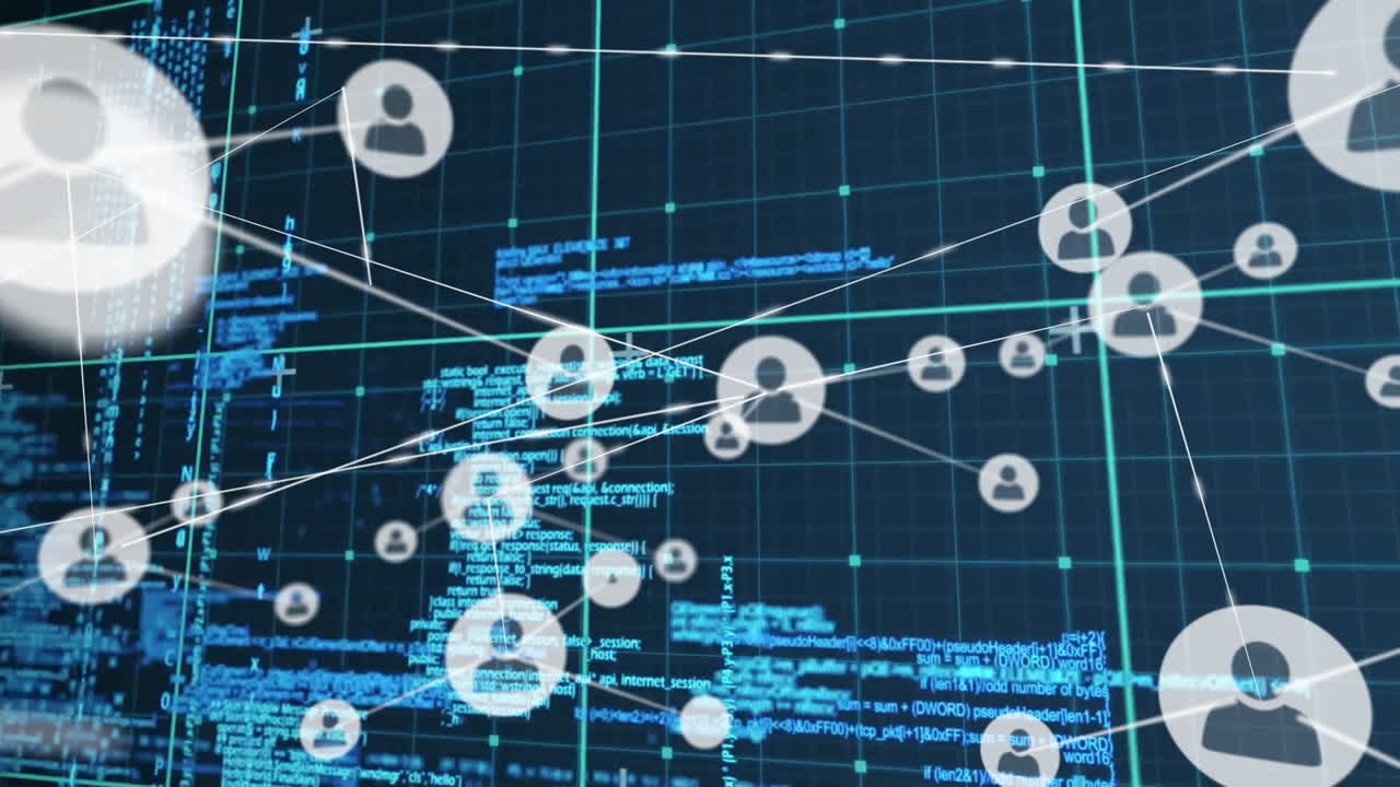 Network connections and user icons animation over digital data and coding background