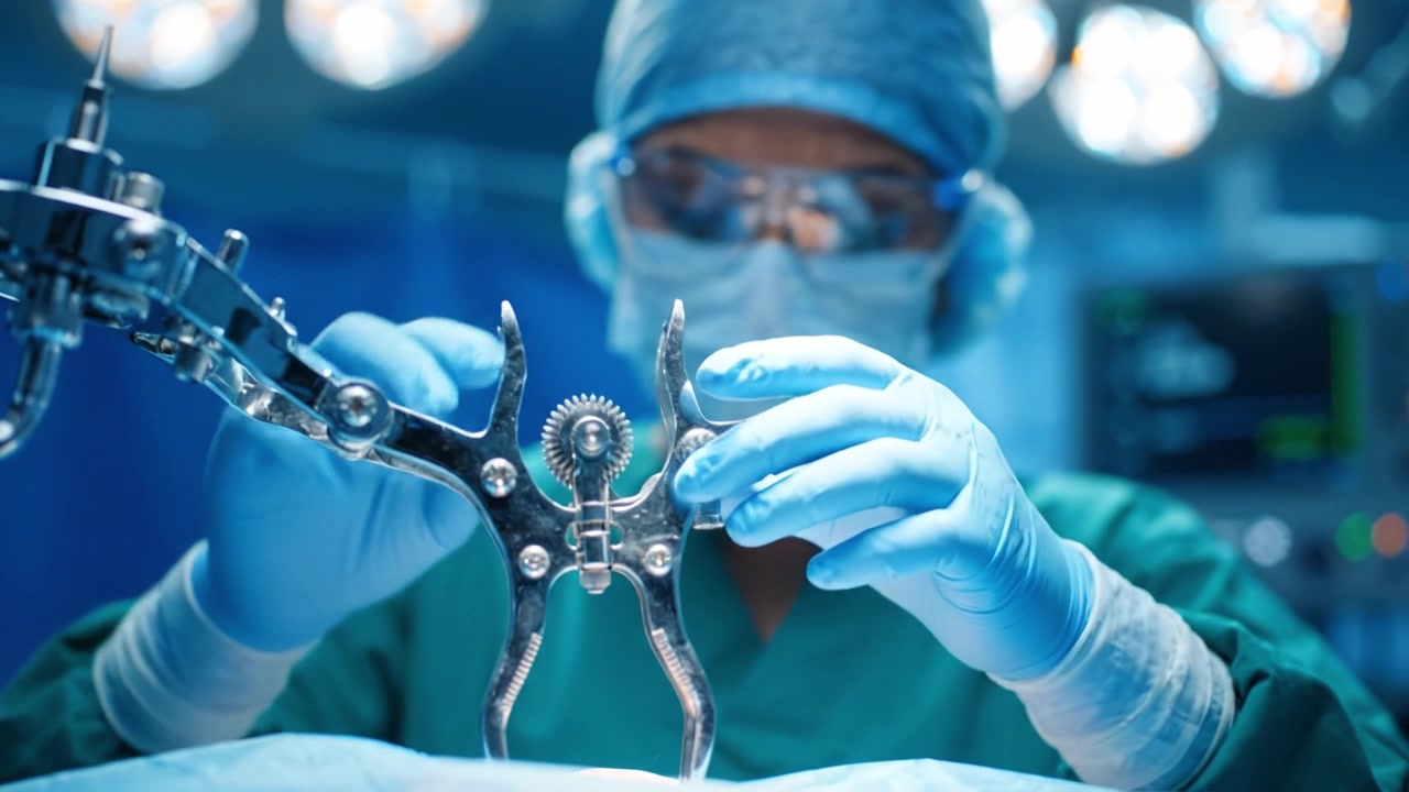 Kirurg forbereder kirurgiske instrumenter med fokus og præcision på en højteknologisk operationsstue under en kompleks medicinsk procedure.