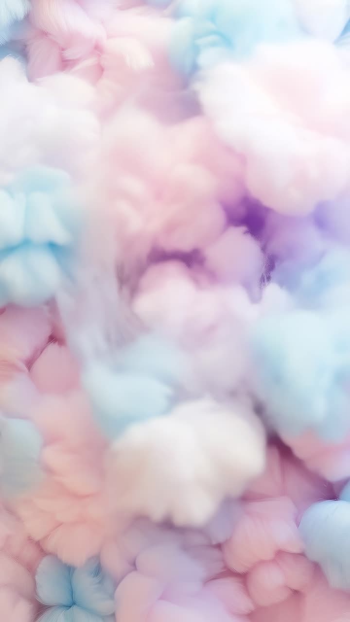 Ovenfra video af bløde pastel skyer i bløde lyserøde og blå nuancer, der skaber et drømmende udtryk.