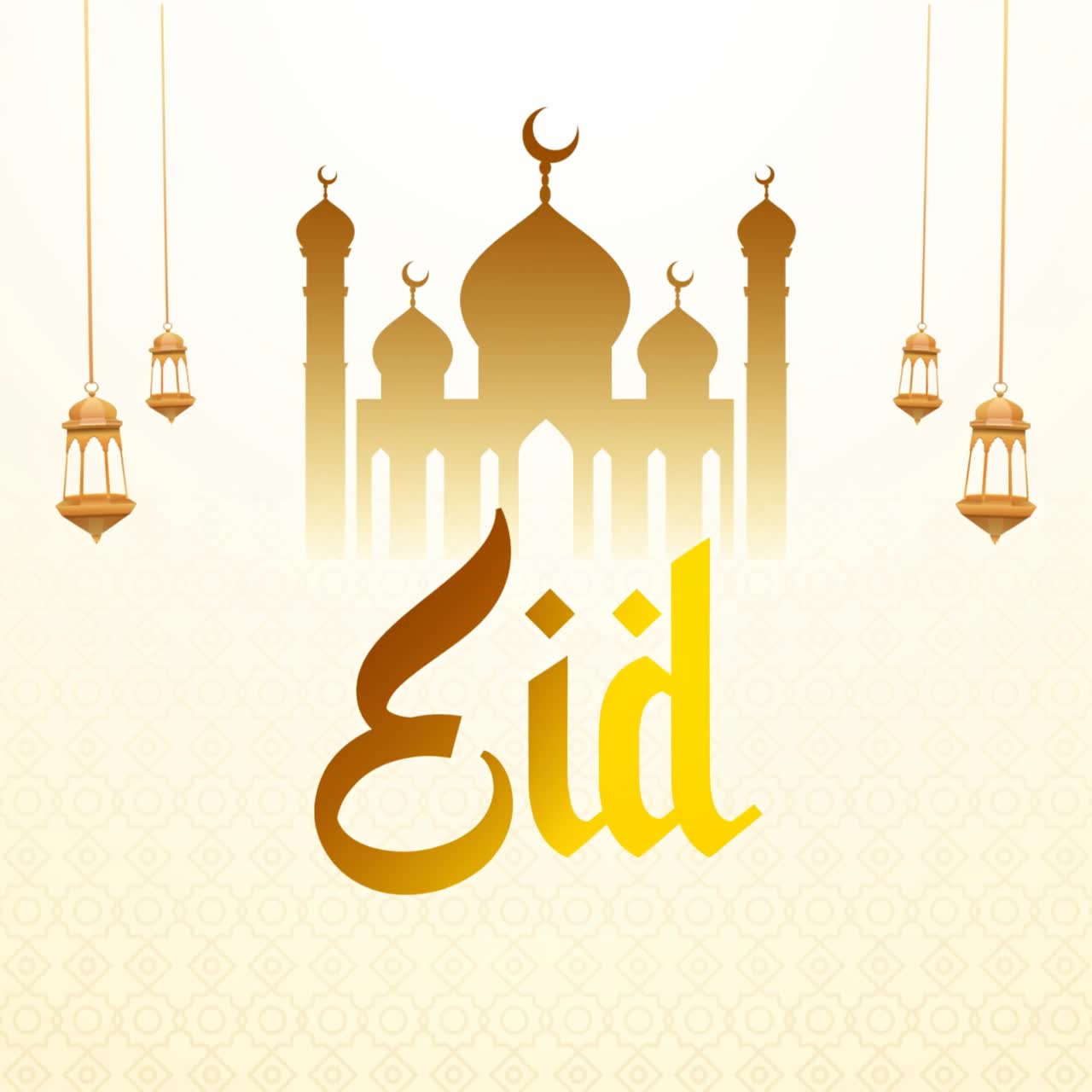 Animazione di design Eid Mubarak con silhouette di moschea, luna crescente e lanterne sospese su sfondo a motivi delicati