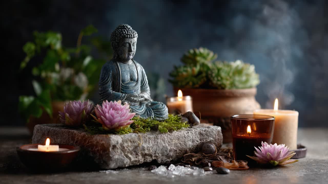 Scena di meditazione tranquilla con una statua serena di Buddha circondata da una vegetazione lussureggiante, eleganti fiori di loto e candele che tremolano dolcemente.
