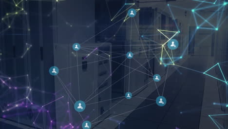 Network of connections and data processing animation over server room environment