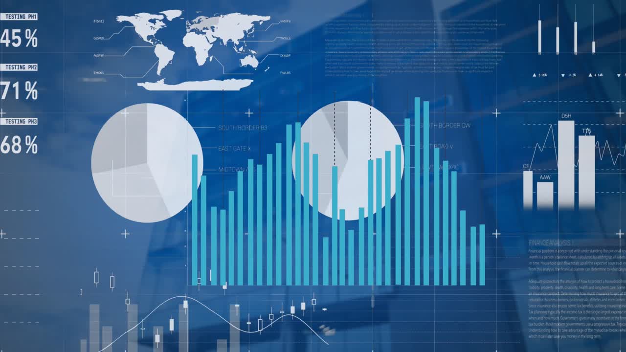 Animation of statistical data processing against low angle view of tall buildings