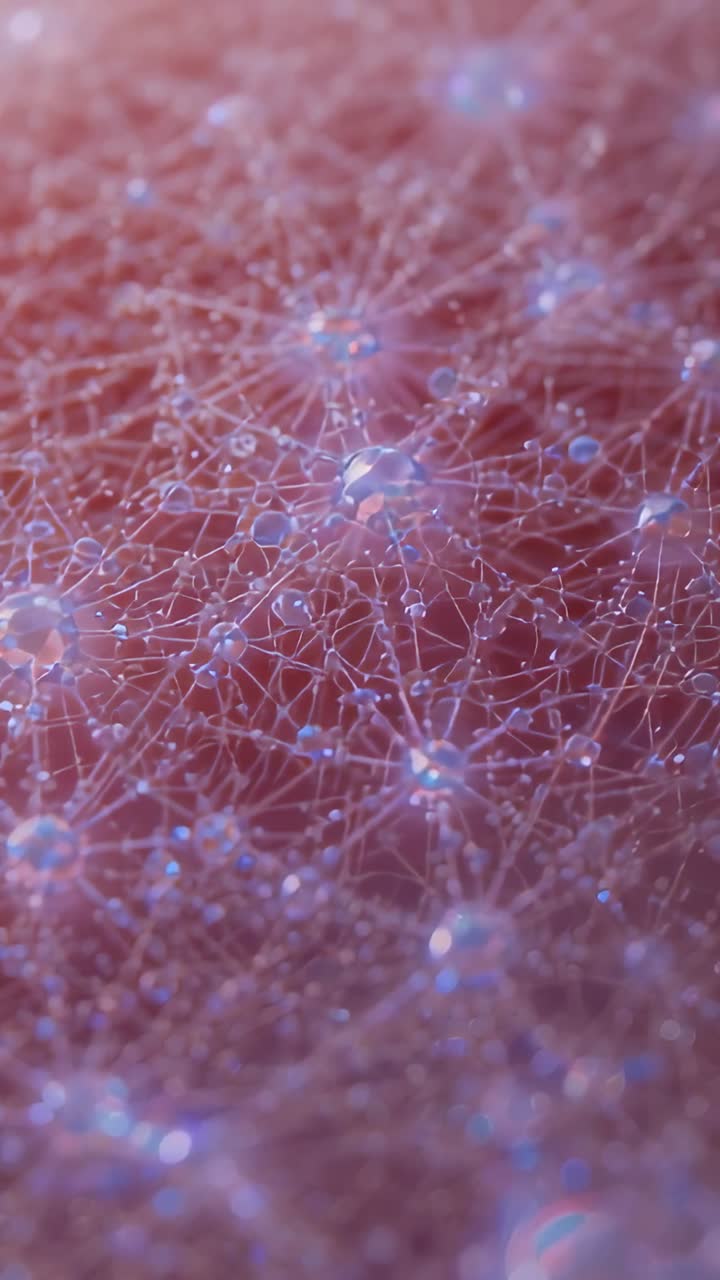 Video verticale: la camera si concentra sulla mesh di nodi su un cuscinetto rosa in un laboratorio macro, rivelando fili e perline
