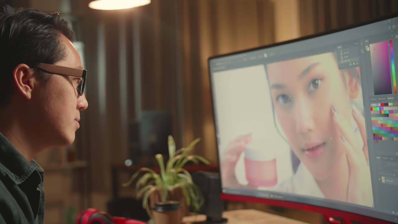 Asian Male Digital Editor Stretching While Works In Photo Editing Software On His Personal Computer With Big Display, He Works At Night