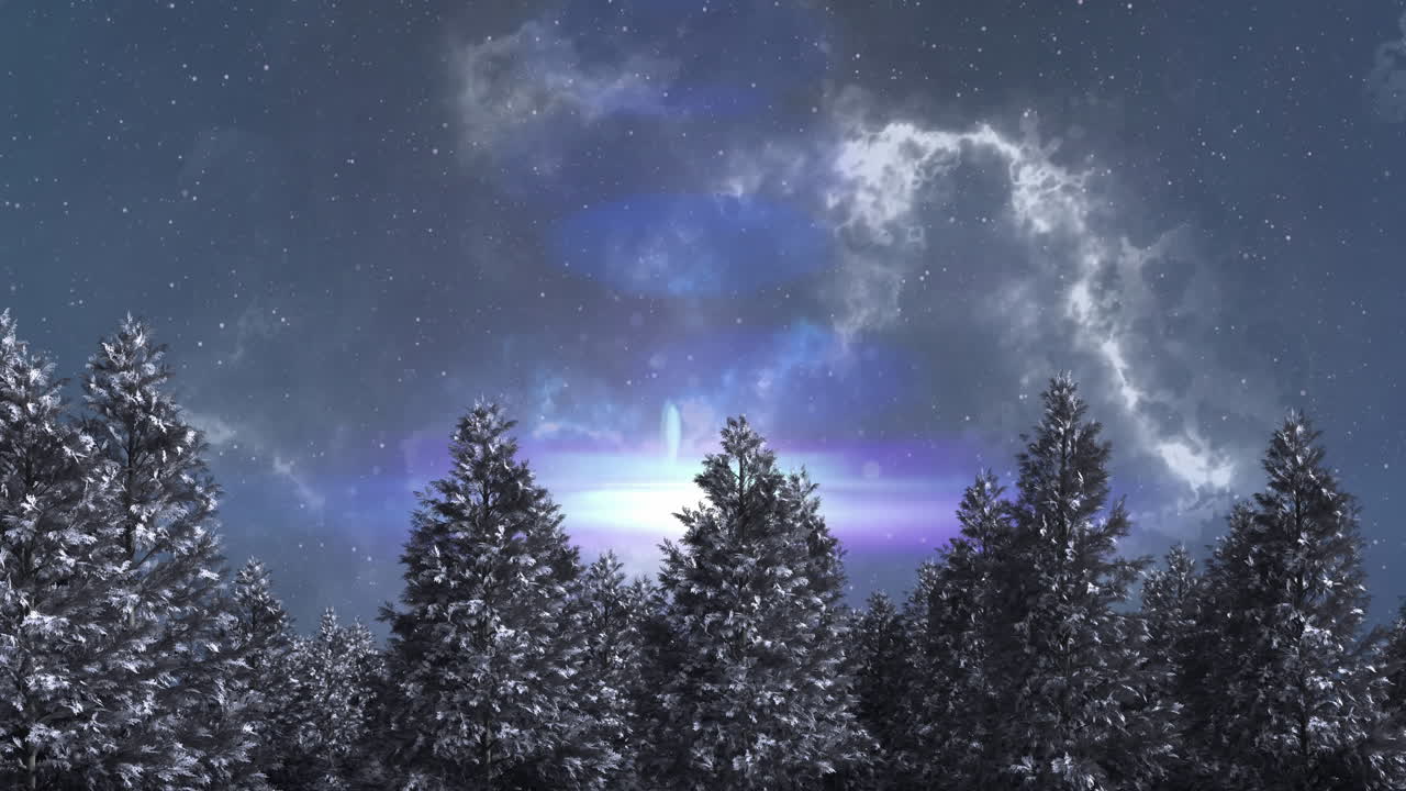 밤하늘의 겨울 풍경 위에 움직이는 파란색 반 ⁇ 이는  ⁇ 별과 구름의 애니메이션