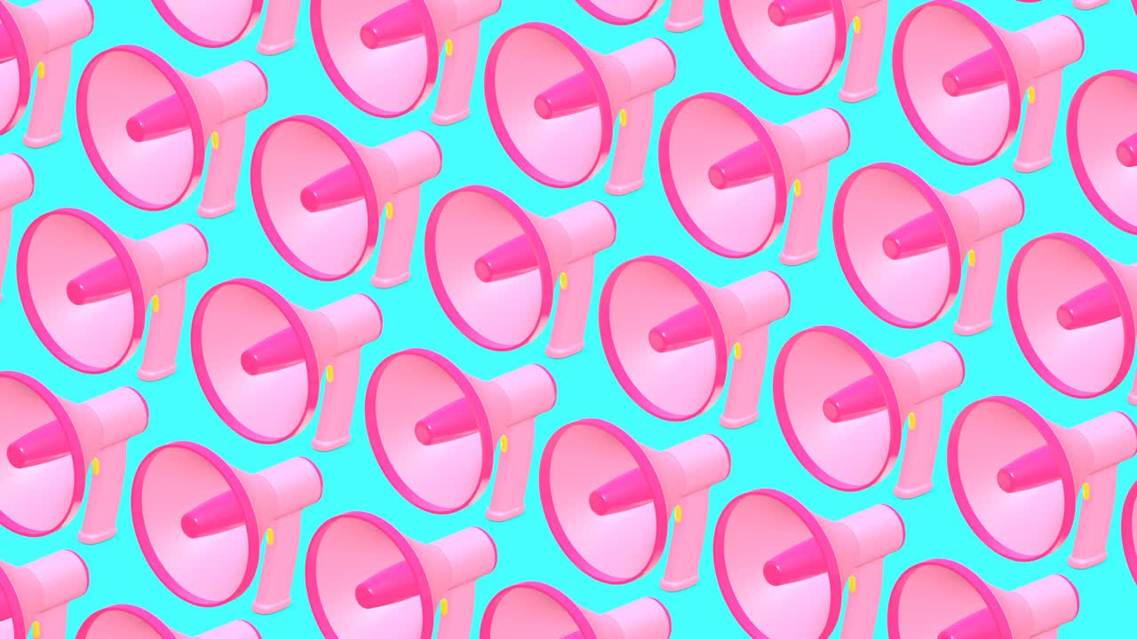 muchos megáfonos sobre un fondo azul pálido.