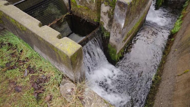 Aquaculture water control system at trout farm in Patagonia, Argentina, showing gravity fed freshwater channel, flow regulation gate, and oxygenated circulation infrastructure.