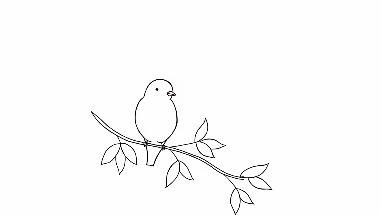 Small Bird Perched On Branch, Simple Monochrome Line Drawing Featuring Repeated Fivebird Motif On Clean White
