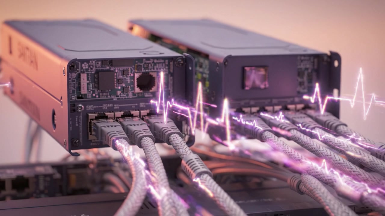High-Tech Server Rack with Advanced Connectivity Cables and Energy Wave Visualizations, Showcasing Modern Computing Technology and Infrastructure Innovation