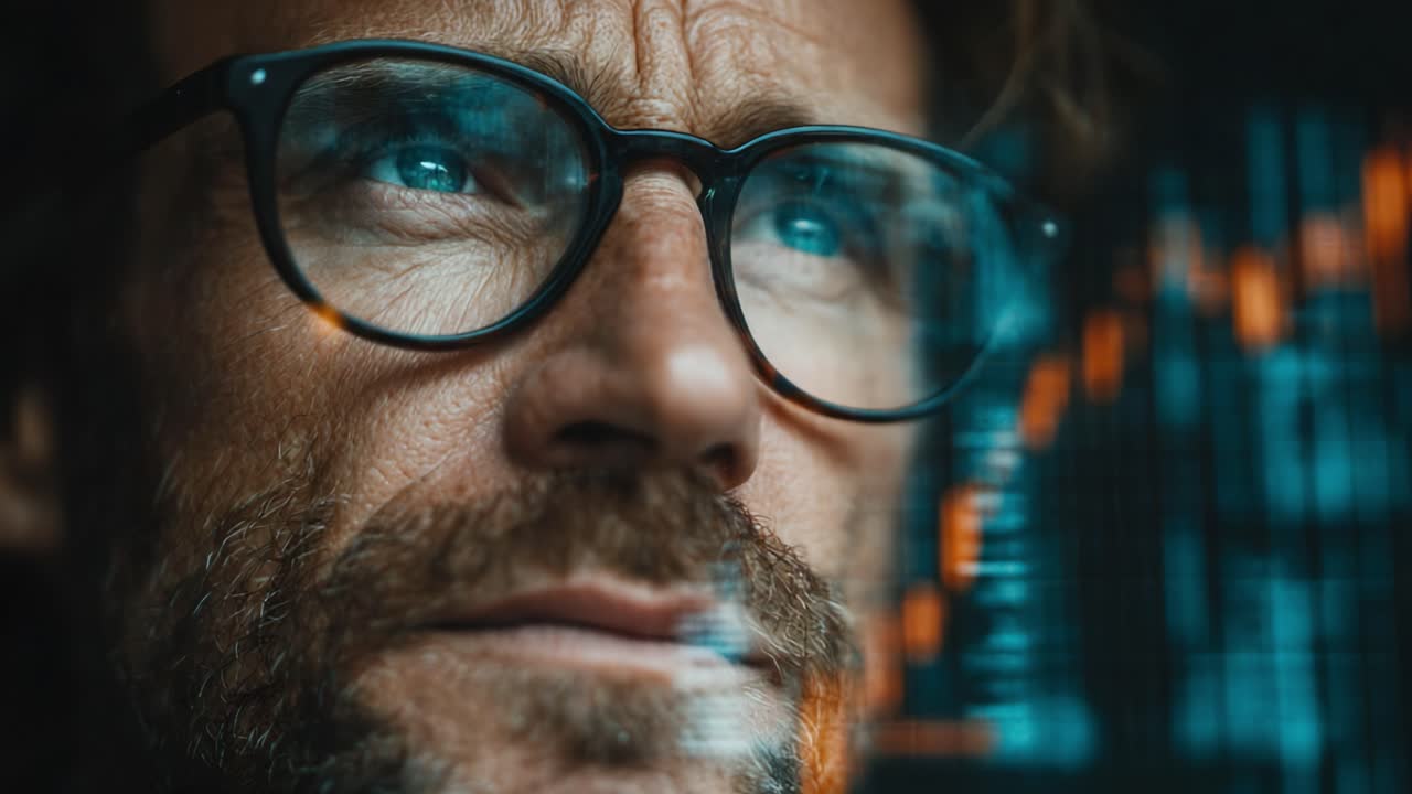Massima concentrazione: primo piano di un uomo che analizza i trend dei dati su uno schermo digitale, con particolare attenzione alla finanza e all'analisi, con un'espressione pensierosa