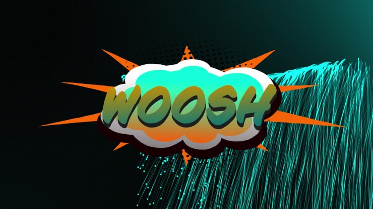 Animazione del testo "woosh" su scie luminose su sfondo nero