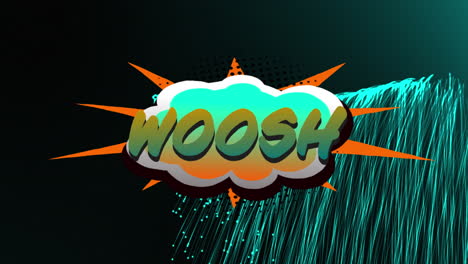 animation of woosh text over light trails on black background