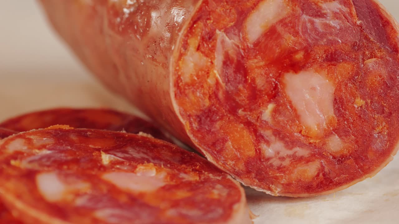 Mix of spanish pork sausages, Cutting board of appetizing catalonian snack - fuet, jamon, chorizo, olives, supermarket tapas food in spain, traditional cuisine.