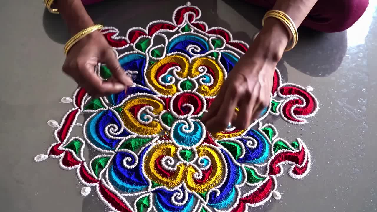 Close-up video of hands creating intricate, colorful rangoli patterns on the ground