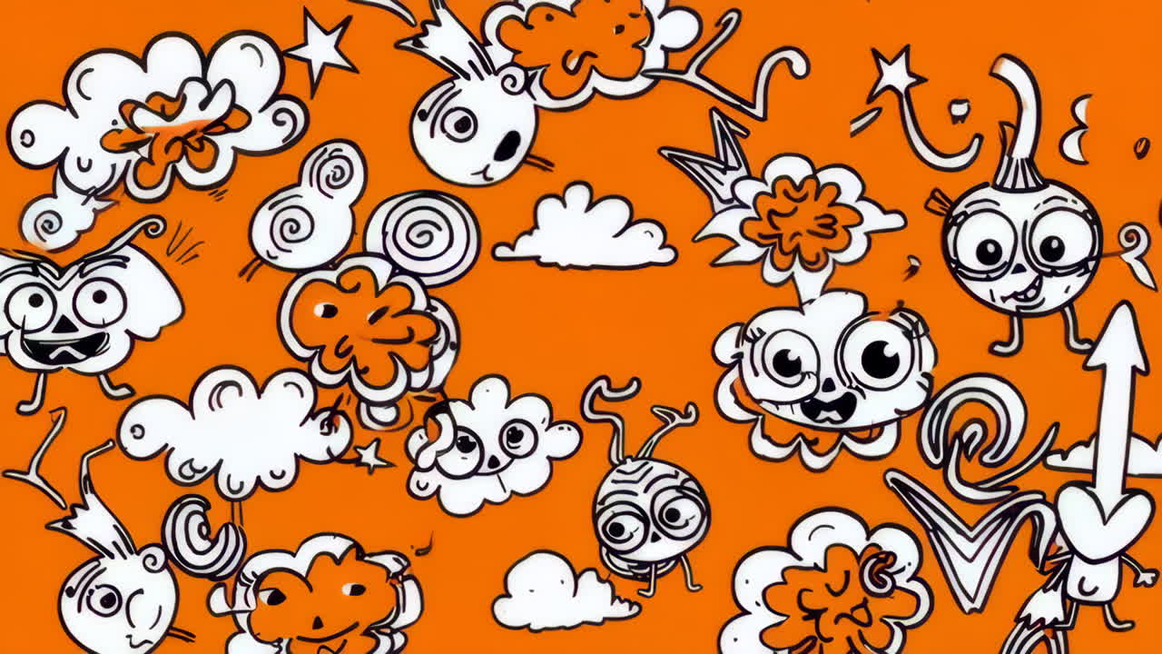 Whimsical Cartoon Doodles on Orange Background