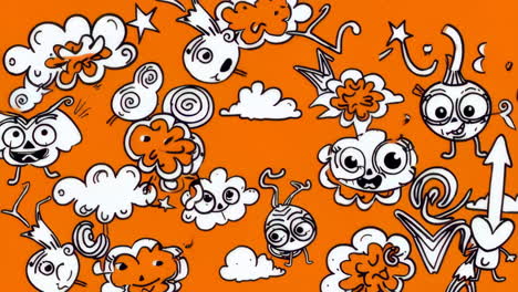 whimsical cartoon doodles on orange background