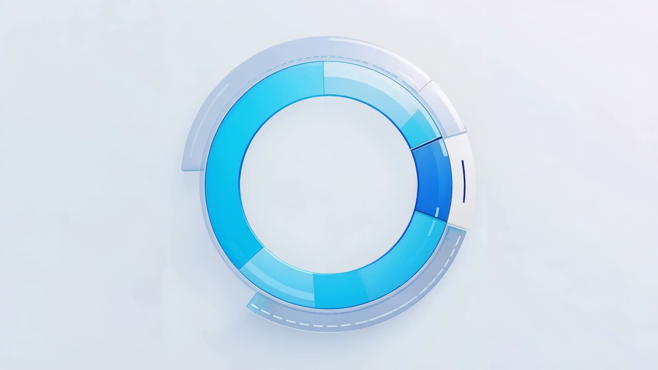 Appearing segmented blue ring rotating clockwise on white field, sliding panels, ticks as HUD