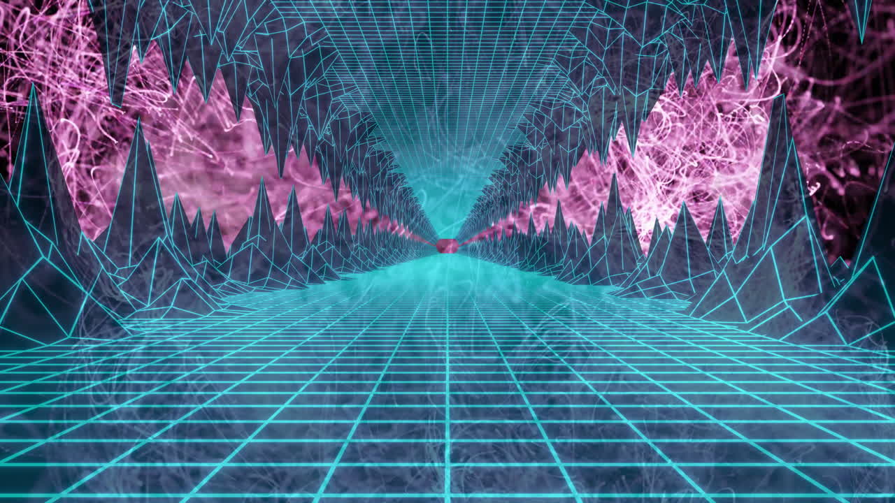 Animation of futuristic digital tunnel with neon grid and geometric shapes