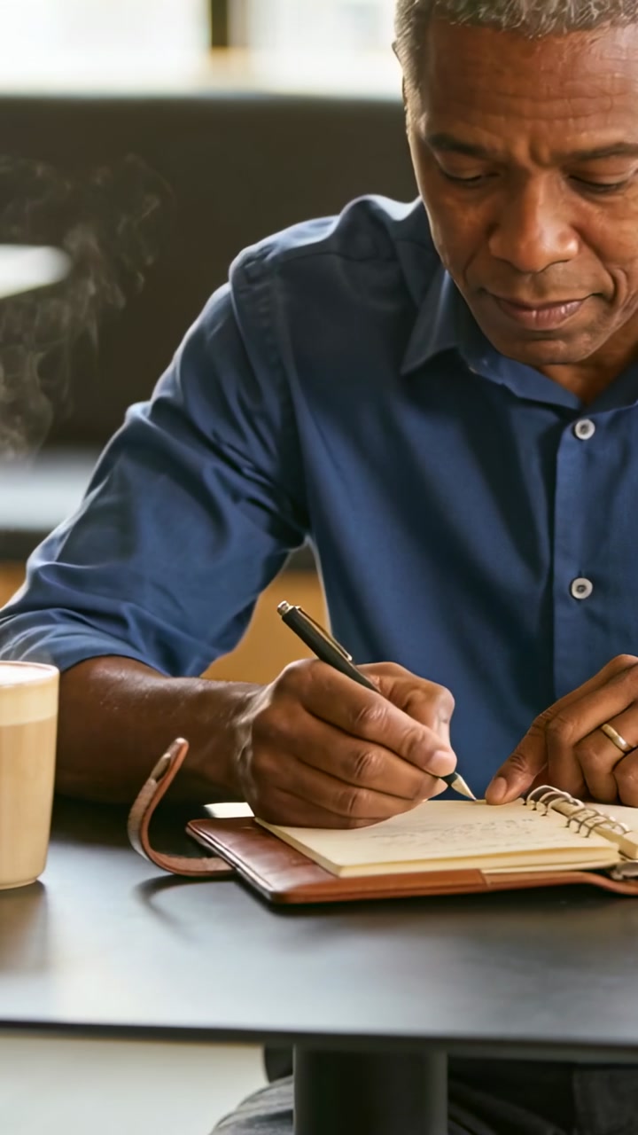 Vertical video: Placing left hand on notebook, man in blue shirt noting at cafe with pen, coffee
