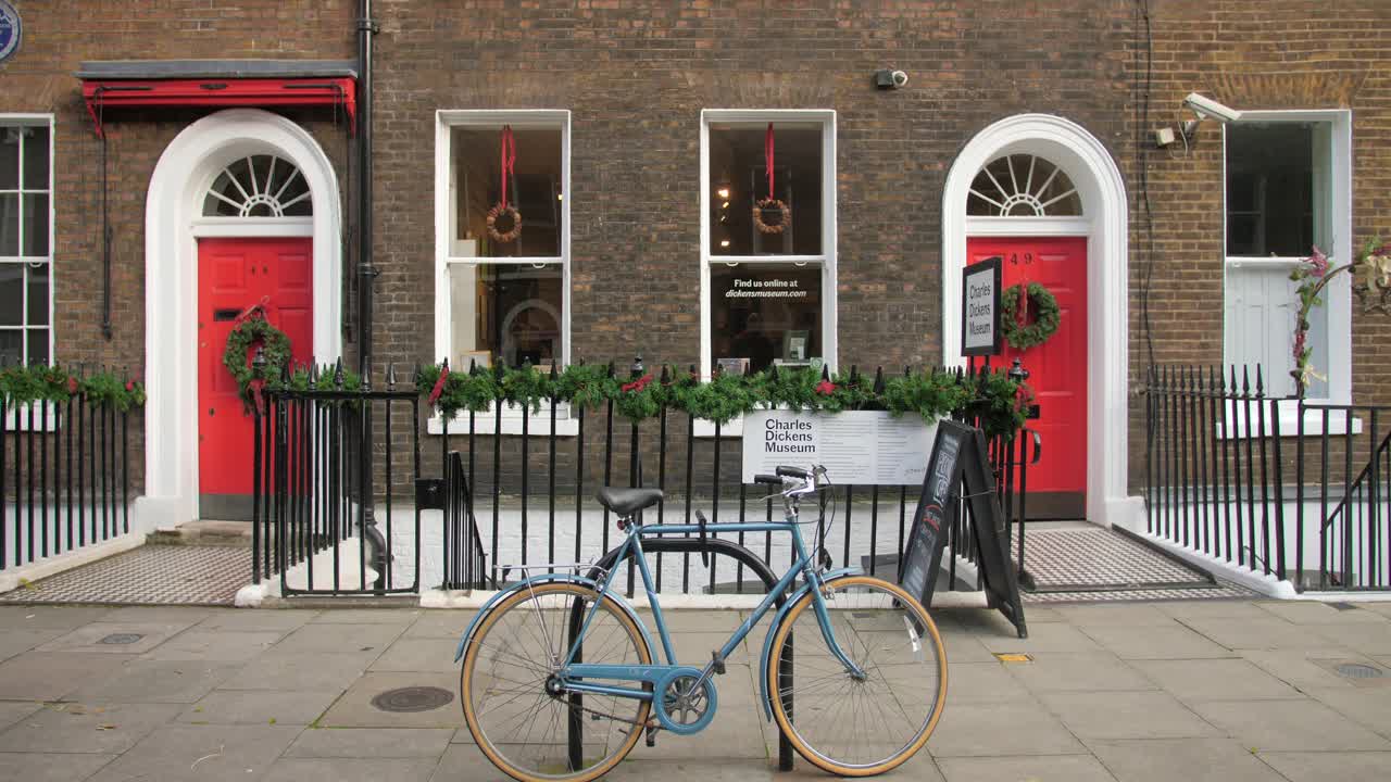 Bicycle Parked In Front Of Charles Dickens Museum On Daytime In Christmas In London, UK