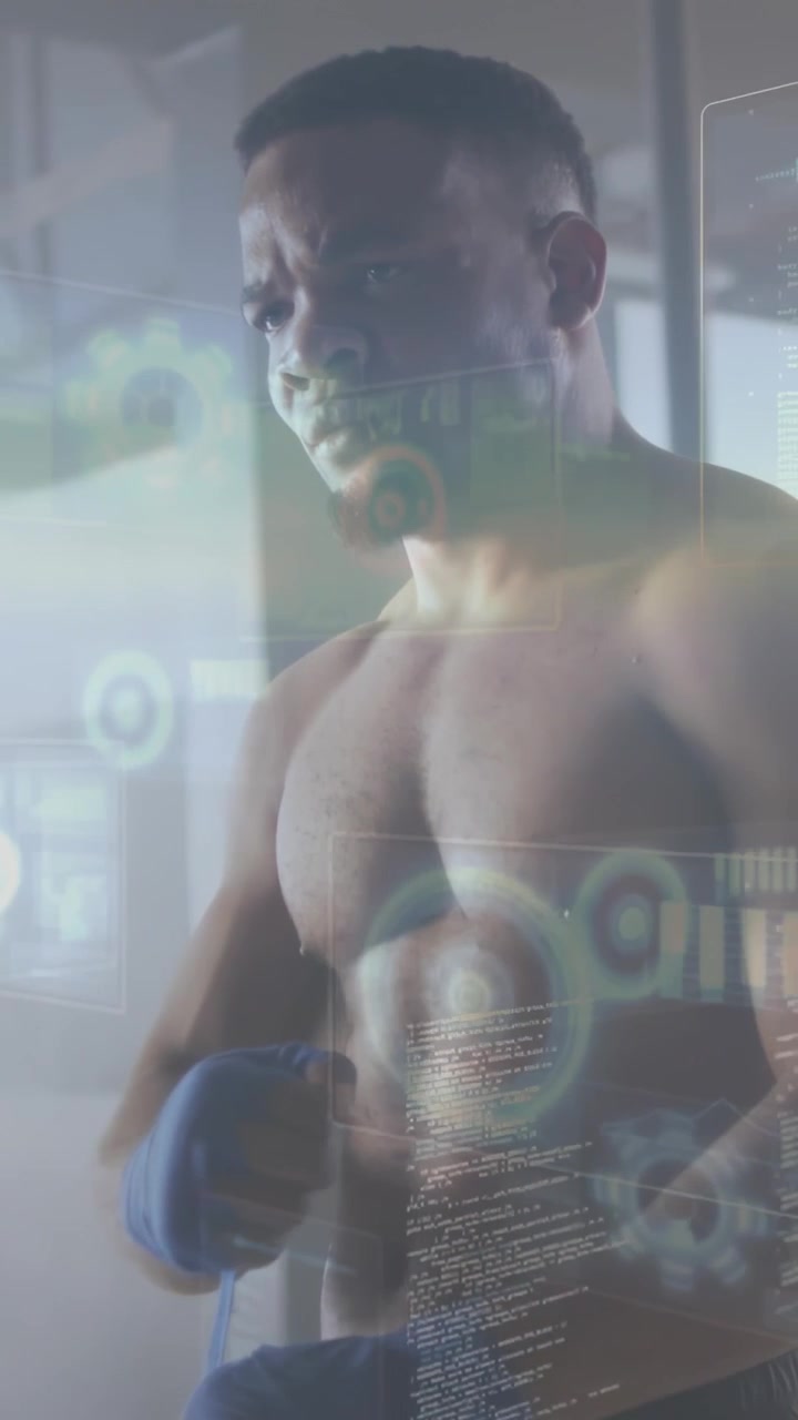 Video verticale: Controllo della fasciatura blu, pugile che si fascia le mani e si prepara all'allenamento in palestra, con HUD che mostra la forma fisica.