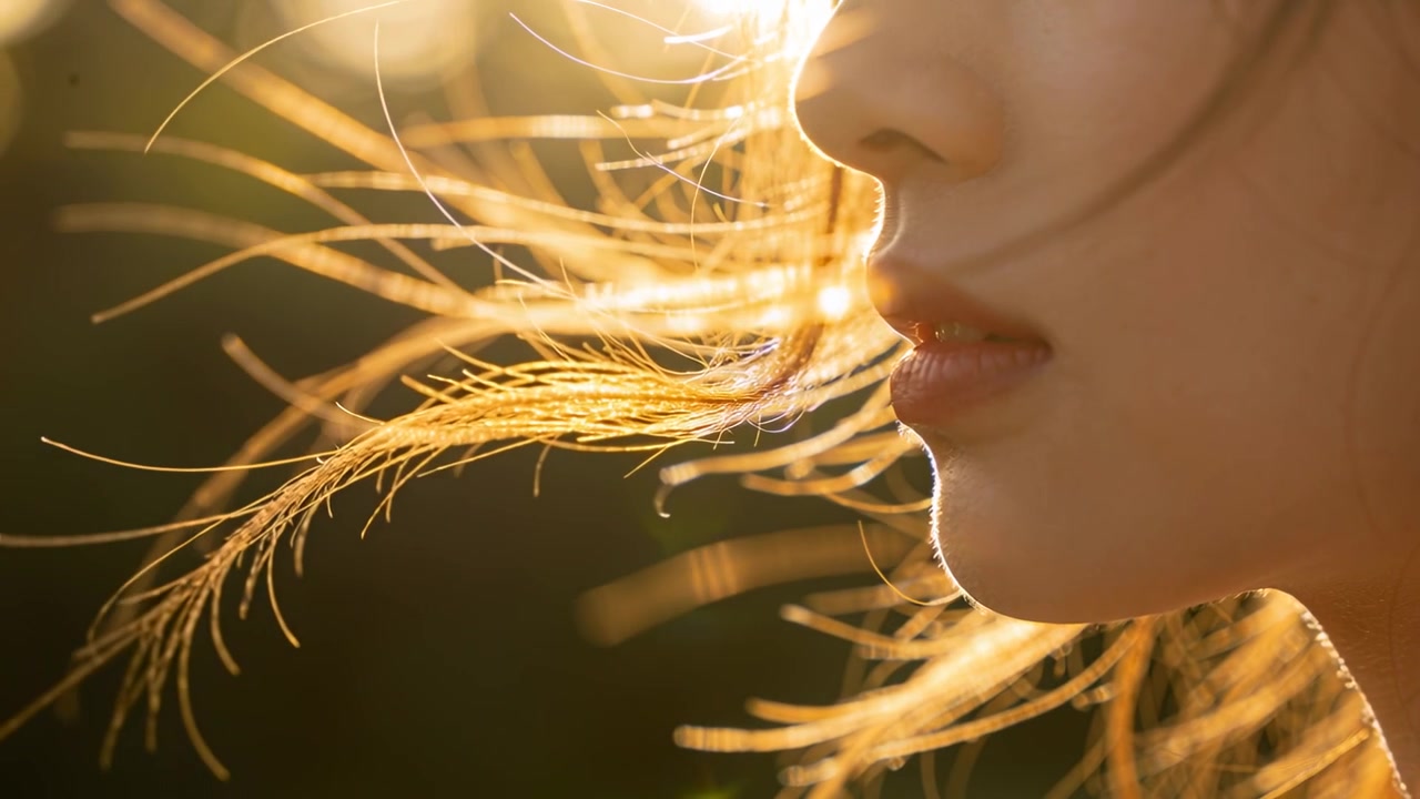 Ciocche di capelli illuminate da dietro che fluttuano e sfiorano le labbra di una donna mentre la brezza si muove nella natura, spazio per il testo.