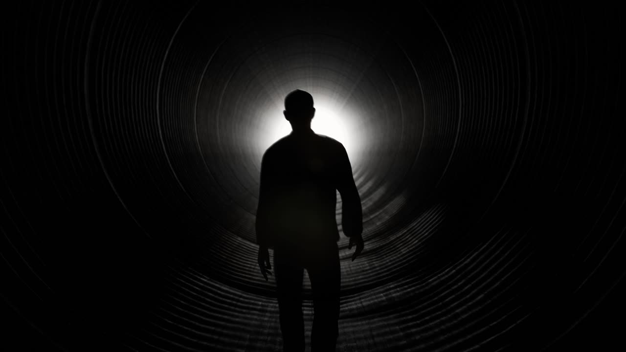 Silhouette Of Man Walking Towards Light In Dark Tunnel