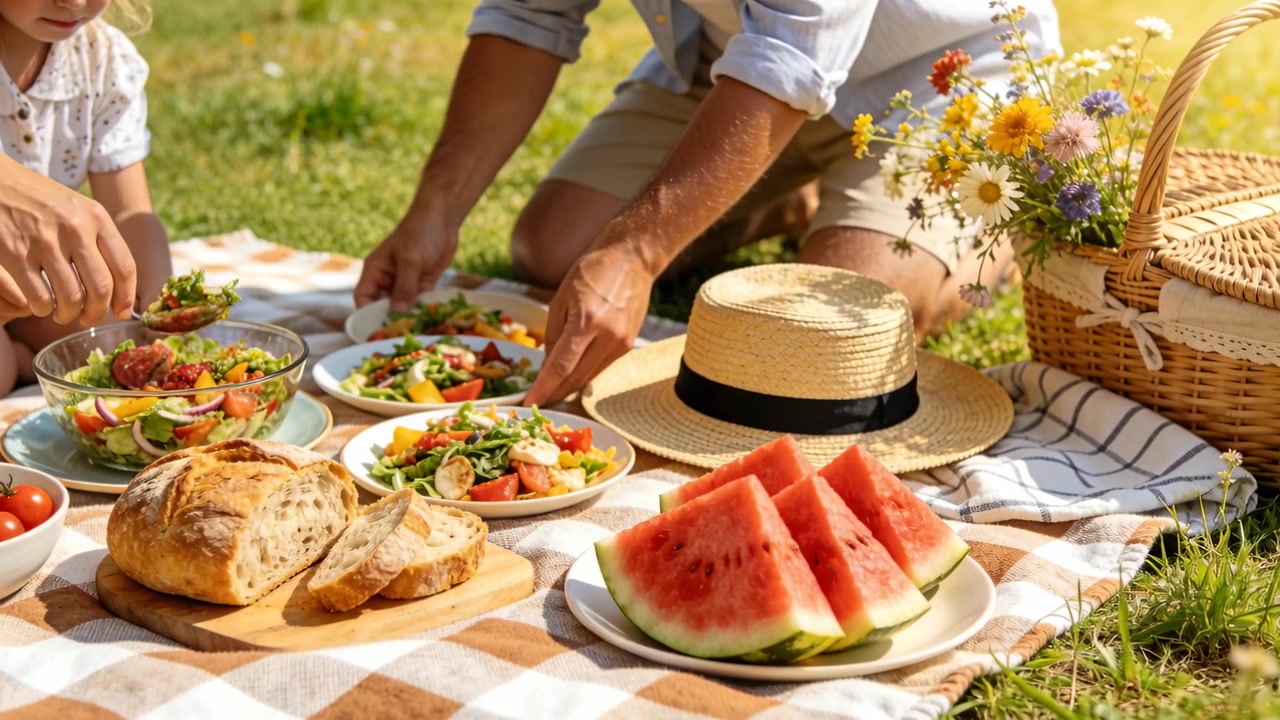 En voksen strekker seg mens et barn serverer salat på et rutete teppe på en eng, med melon, skjorte og kjole, mens de forbereder et måltid.