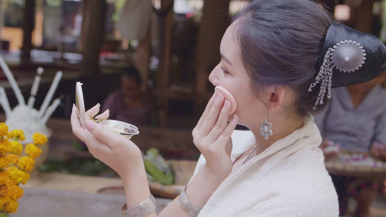 Girl In Thai Traditional Dress Makeup And Smiling, Slow Motion