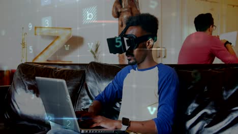 man wearing a virtual reality headset while typing on his laptop 4k