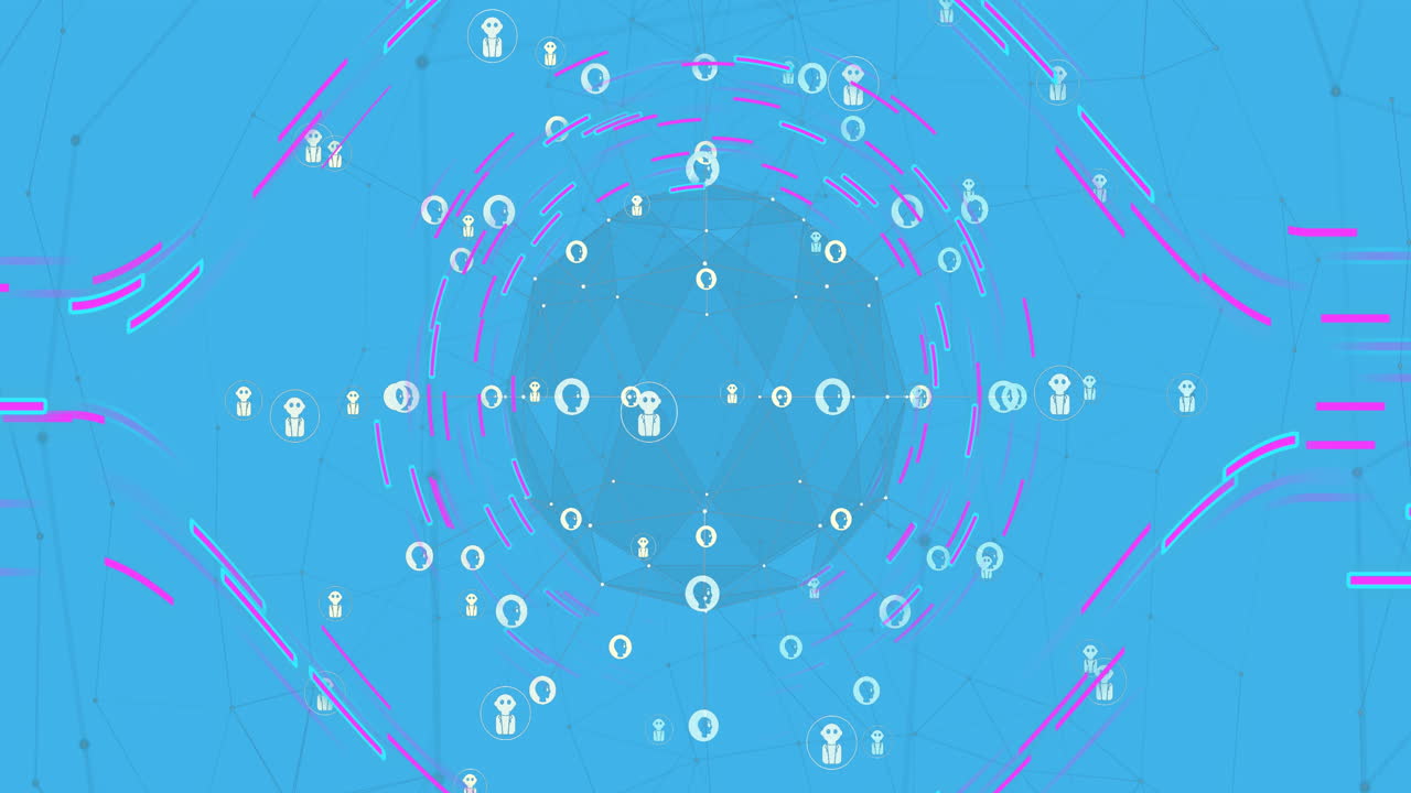 빛나는 트레일에서 데이터 처리, 채팅 아이콘 및 연결 네트워크의 애니메이션