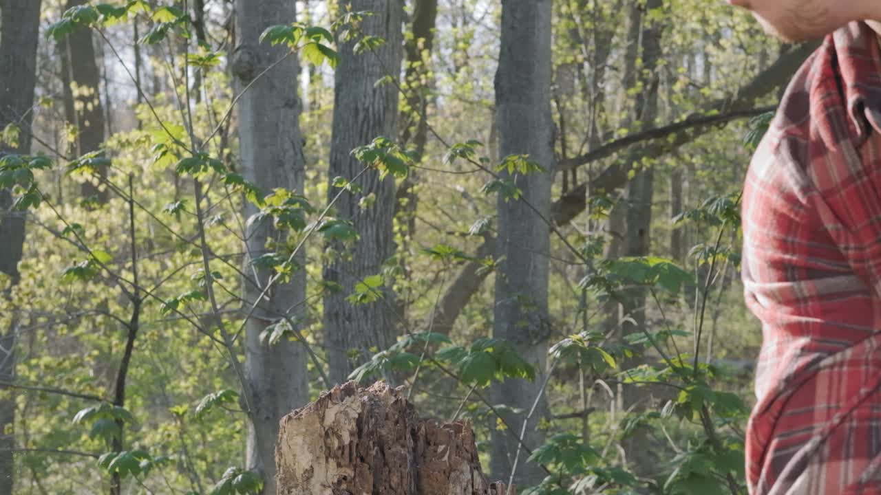 joven caucásico cortando un gran trozo de árbol con un hacha