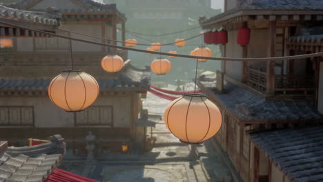 traditional japanese or chinese town street with lanterns