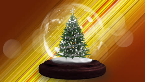 Shooting-star-around-christmas-tree-in-a-snow-globe-against-yellow-light-trails-on-red-background