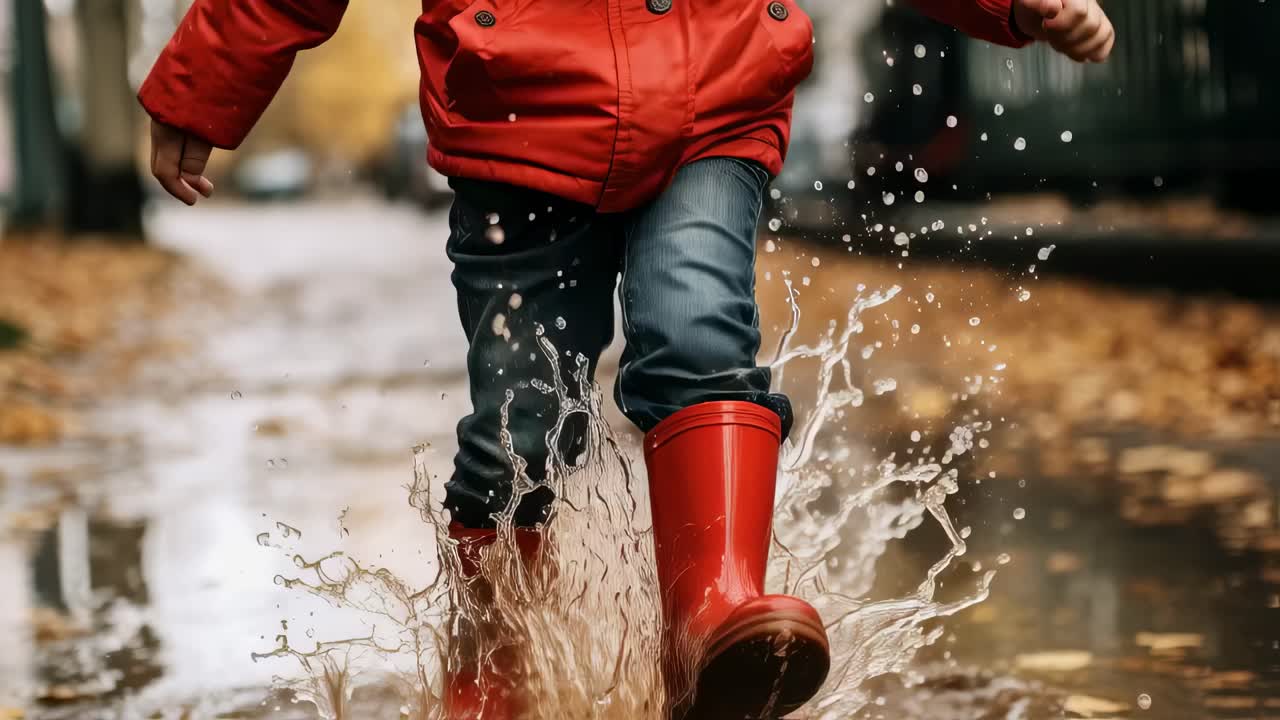 Child wearing bright red waterproof boots joyfully running and splashing through puddles on a rainy autumn day, embracing the fun of outdoor play in the bustling city streets
