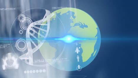 animation of light passing through spinning globe with dna and scientific data on blue background